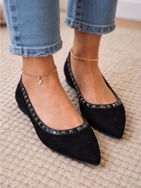 Cityclassified Black Pointed Stud-Trim Suede Flats